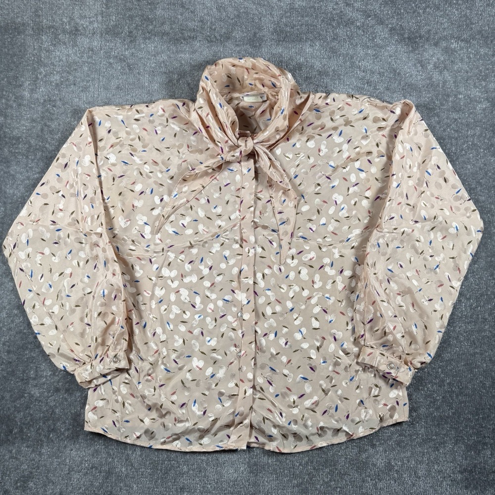 Vintage Lauren Lee Blouse Women's 12 Beige Tie-Neck Barrel Cuff Button Front